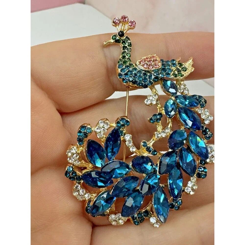 Peacock Brooch Blue Rhinestone Navette Goldtone Pin 2.25”